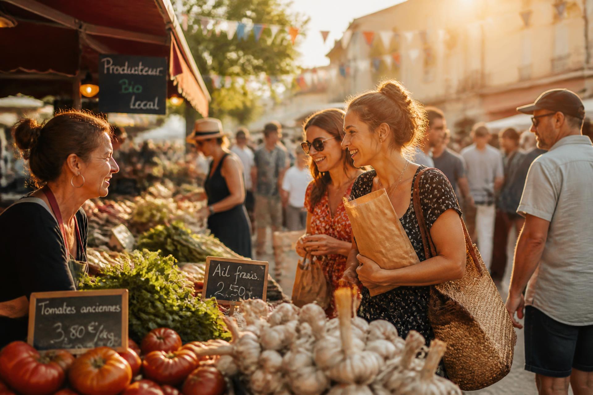 Marché animé au coucher du soleil avec des visiteurs et des producteurs locaux